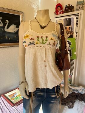 Cream Crochet-Trim Embroidered Cami Tank Top - Women